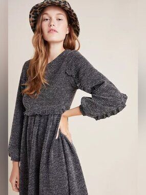 Ro+De Stella Knit Ruffle Long Sleeve Sweater Dress Gray M
